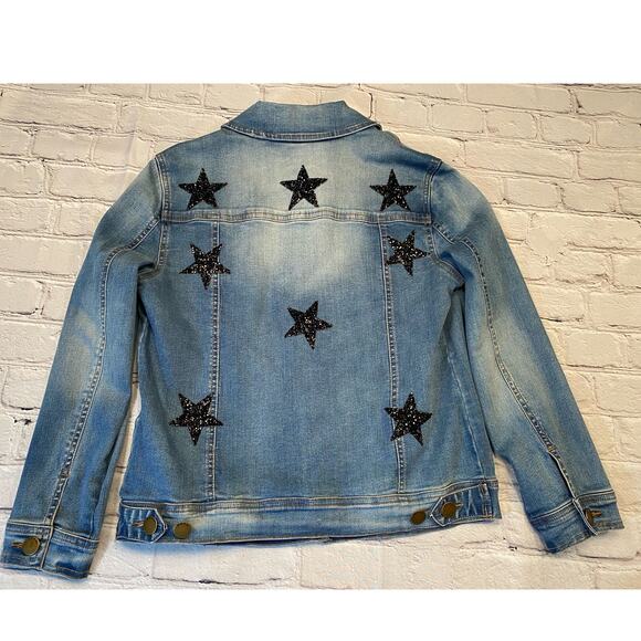 Me.n.u Denim Jean Jacket Sparkly Distressed Glitter Stars girls size Large A586 - Picture 8 of 8